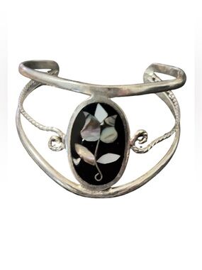 Vintage Alpaca Silver cuff bracelet floral abalone shell inlay Mexico rare